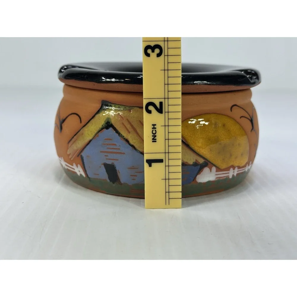 Vintage Terracotta Round 2 Part Ashtray Hand Painted Removable Top